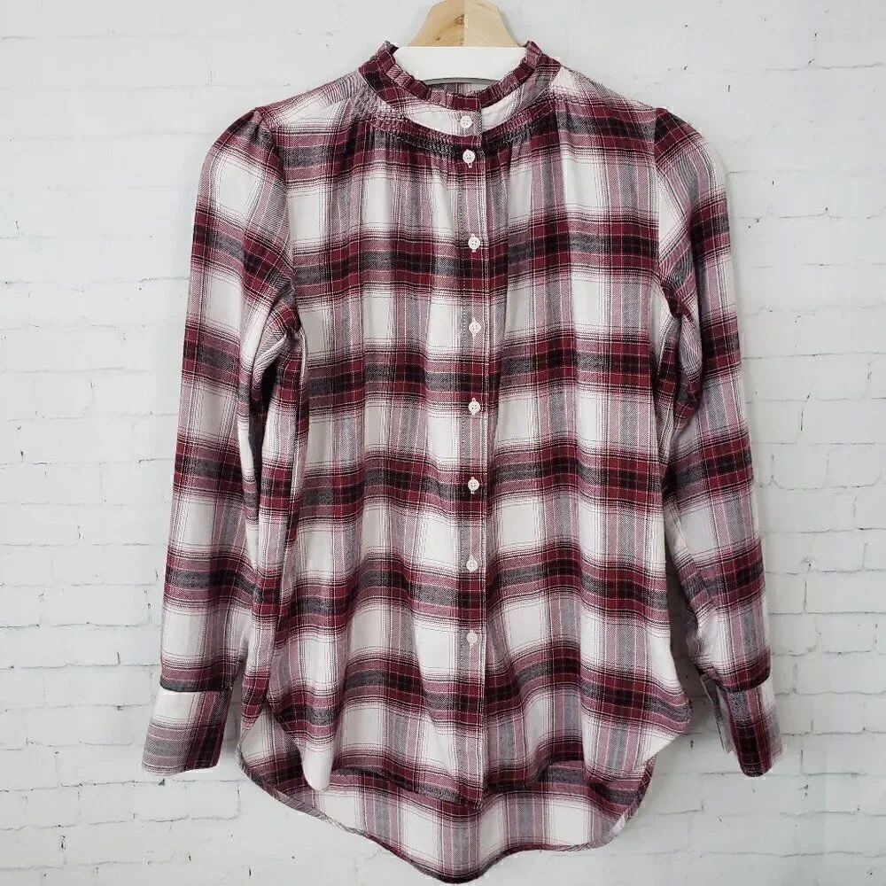 LOFT Plaid Long Sleeve Top Size XS Red Black White Button Front Mandarin Collar